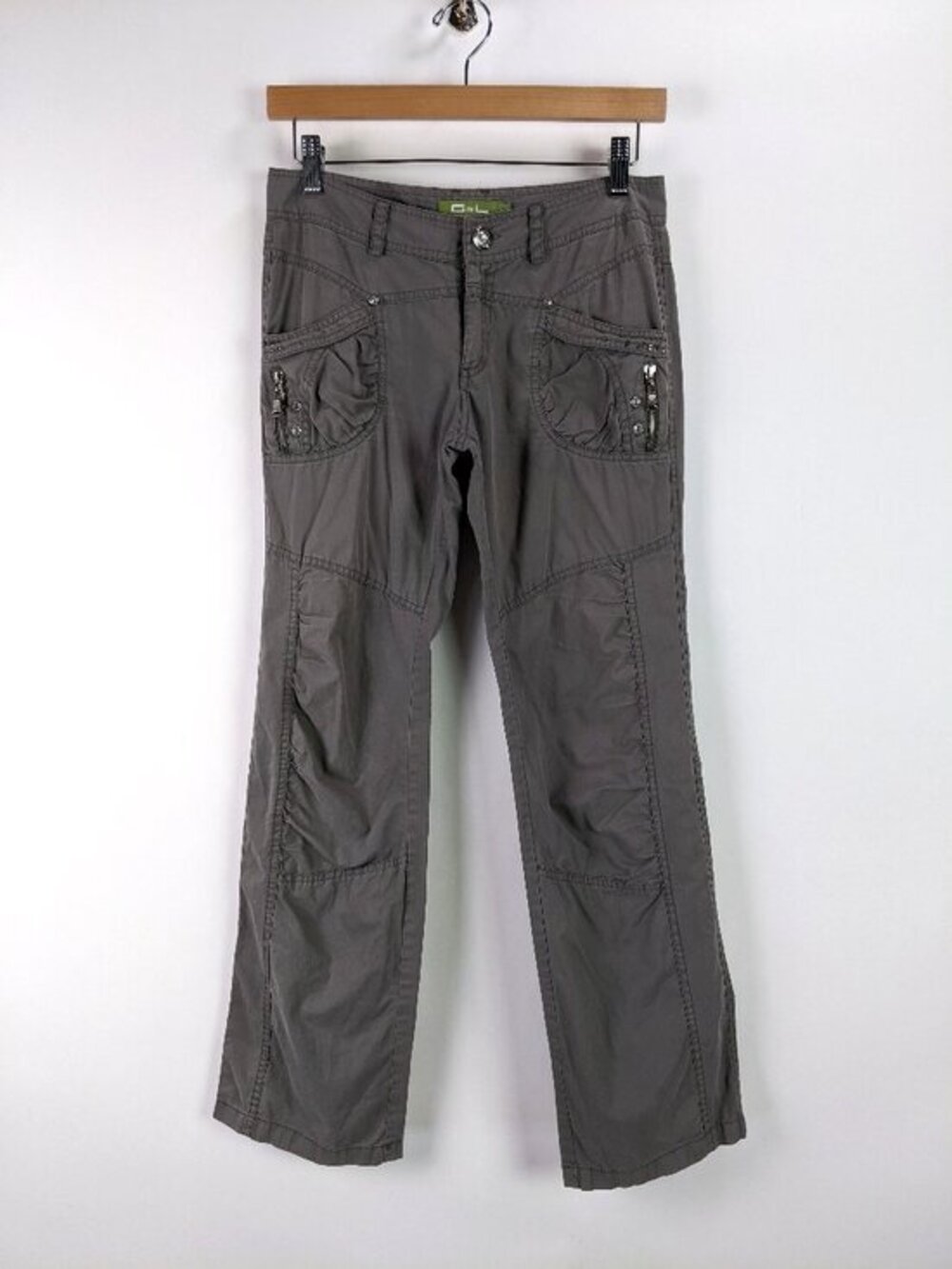 G&L Womens Cargo Utility Pants Ruched Zip Pockets Straight Leg Gray Size XS/S